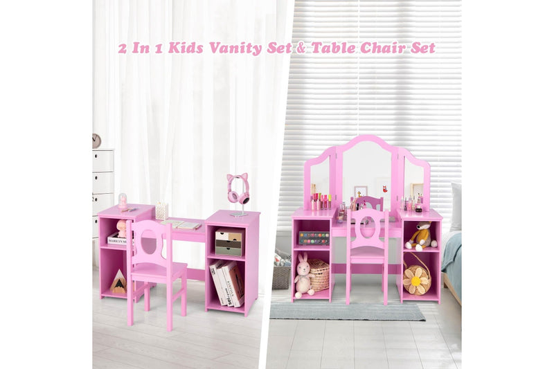 Giantex 2-in-1 Kids Vanity Table and Chair Set Makeup Dressing Table w/Mirror Children Study Writing Desk Pink