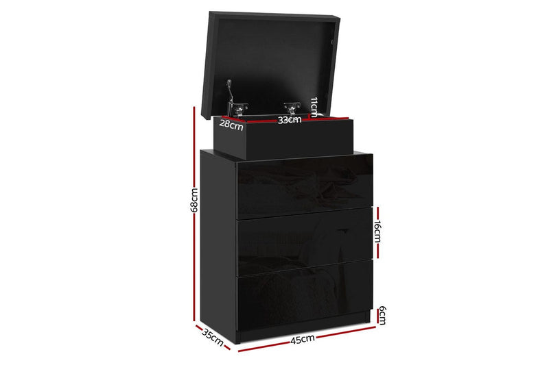 Artiss Bedside Table LED 3 Drawers - COLEY Black