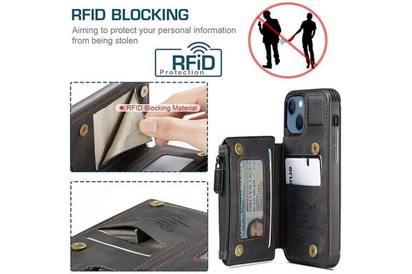 For Apple iPhone 13 Mini CaseMe Back Zipper Wallet Case W/ 3 Card Slots, RFID Blocking, 1 Money Pocket, Credit Card Holder Leather Cover (Black)