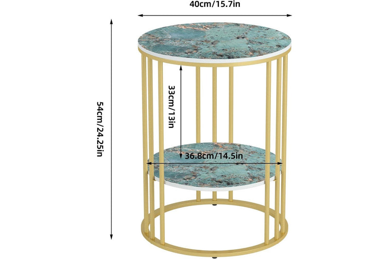 Marble Top Round Side Table - 2 Tier Bedside with Gold Legs
