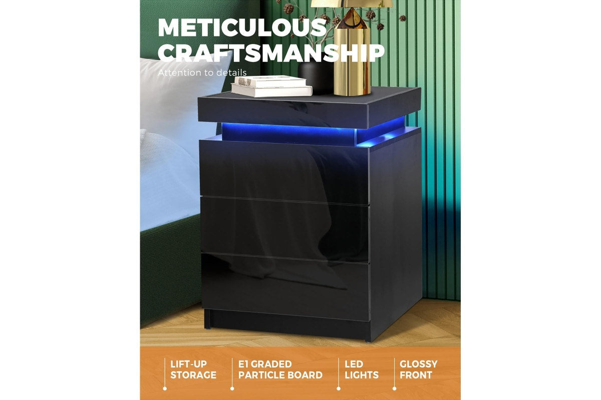 Oikiture Bedside Tables Set of 2 LED Nightstand Black