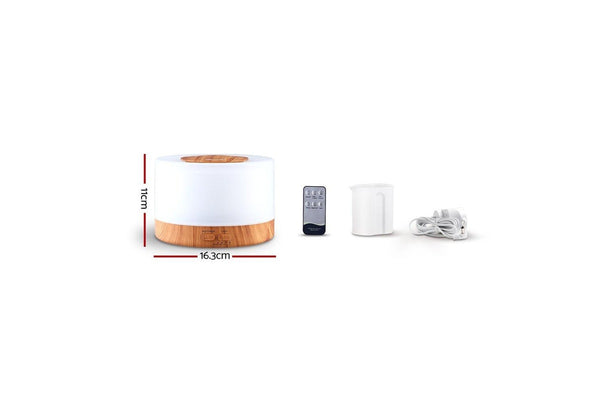Devanti Aroma Diffuser Aromatherapy Led Night Light Air Humidifier Purifier Round Wood Grain 500Ml Remote Control Humidifiers
