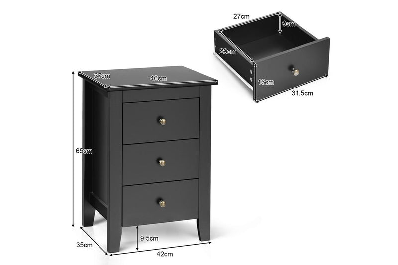 Giantex Bedside Table 3 Chest of Drawers Nightstand Home Office End Table Side Cabinet Black
