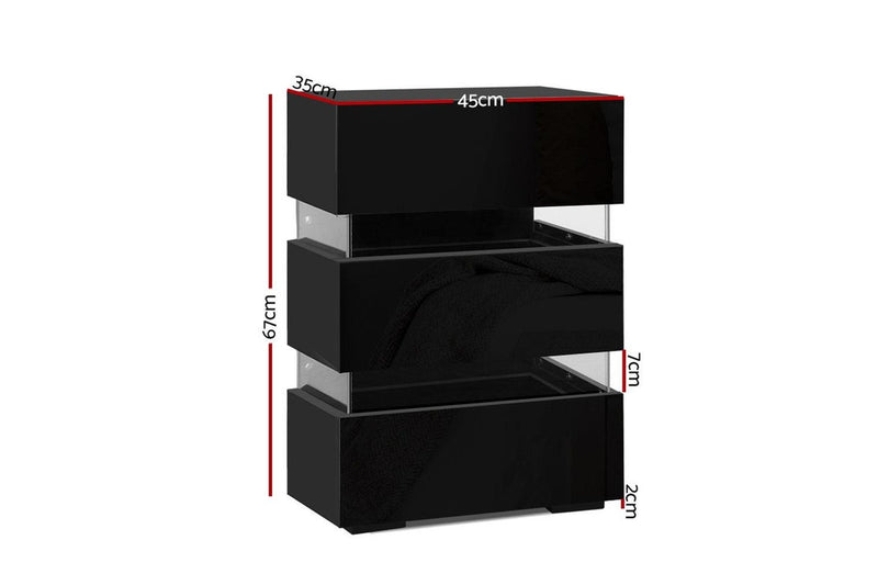 Artiss Bedside Table LED 3 Drawers - LUMI Black