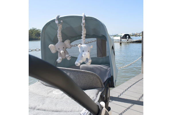 2pc Living Textiles Baby Newborn Cotton Knitted Stroller Toys Elephant & Hippo