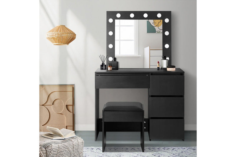 Oikiture Dressing Table Stool Set 12 LED Bulbs(Black)
