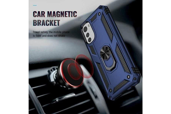For Motorola Moto E32 Slide Camera Cover & Kickstand, Built-in 360° Rotate Ring Stand Magnetic Ring Shockproof Heavy Duty Case (Navy Blue)