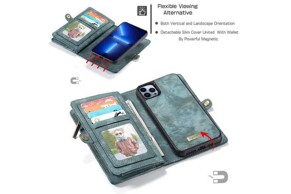 CaseMe For Apple iPhone 13 Pro Zipper & Detachable Retro Leather Pouch Wallet Flip Purse Bag Detachable Phone Case Cover (Sky Blue)