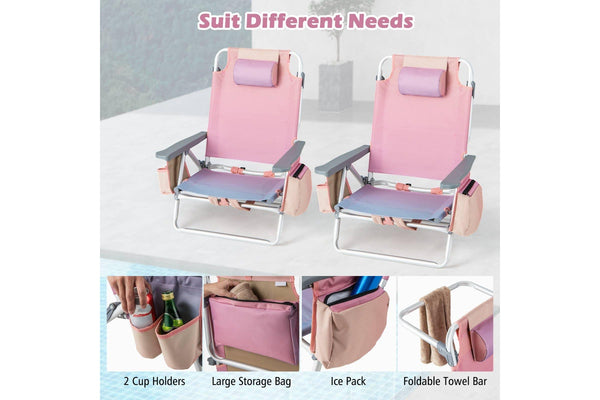 Costway 2-Pack Folding Backpack Beach Chair Portable Camping Stool w/Cup Holder Storage Pocket 5-Position Outdoor Reclining Chair