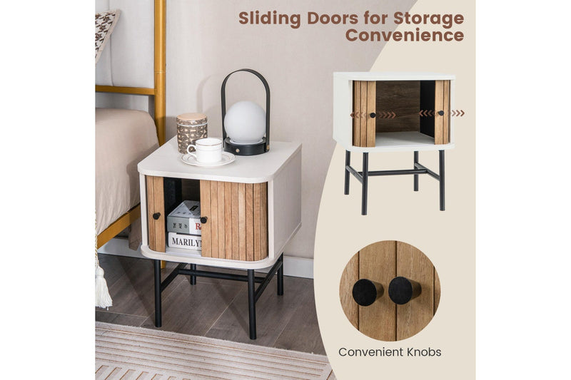 Giantex Modern Nightstand Bedside Storage Table w/Sliding Doors & Metal Legs Floor Side Table Bedroom Living Room White