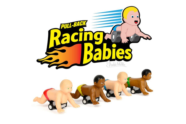 3PK Archie McPhee 5.7cm Pull Back Racing Babies Vinyl Plastic Race Toy Asst. 3y+
