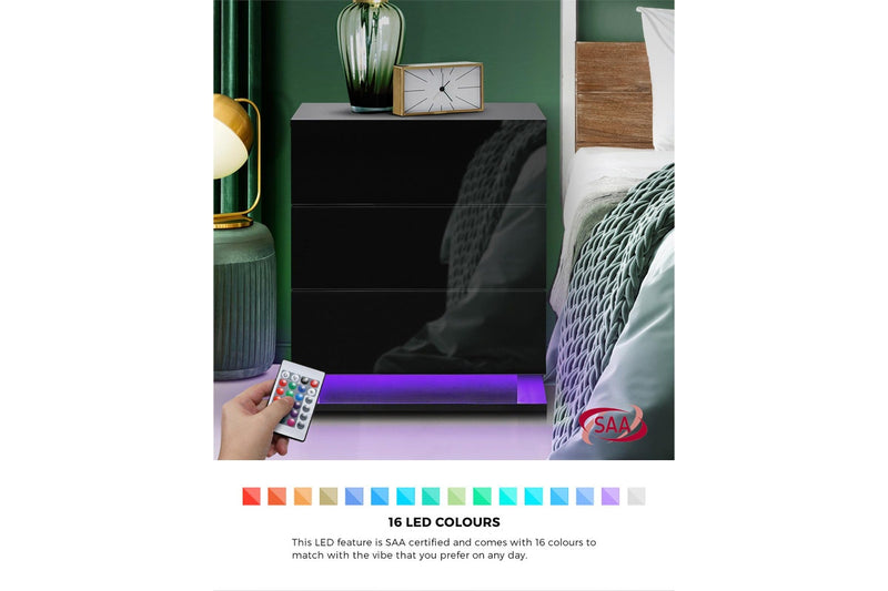 Oikiture LED Bedside Table 3 Drawers Black