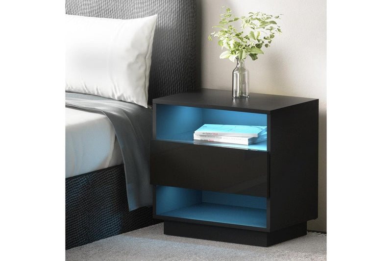 Artiss Side Rgb Led Drawers Nightstand High Gloss Black Bedside Tables