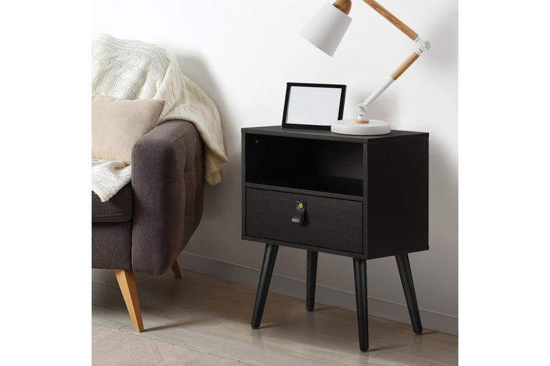 Oikiture 2 X Bedside Tables Side Table w/ Leather Handle Black