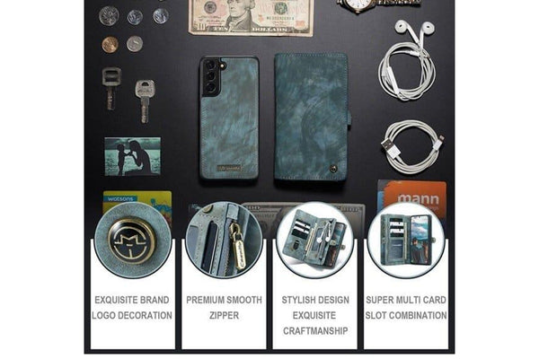 CaseMe For Samsung Galaxy S22 Plus Zipper & Detachable Retro Leather Pouch Wallet Flip Purse Bag Detachable Phone Case Cover (Sky Blue)