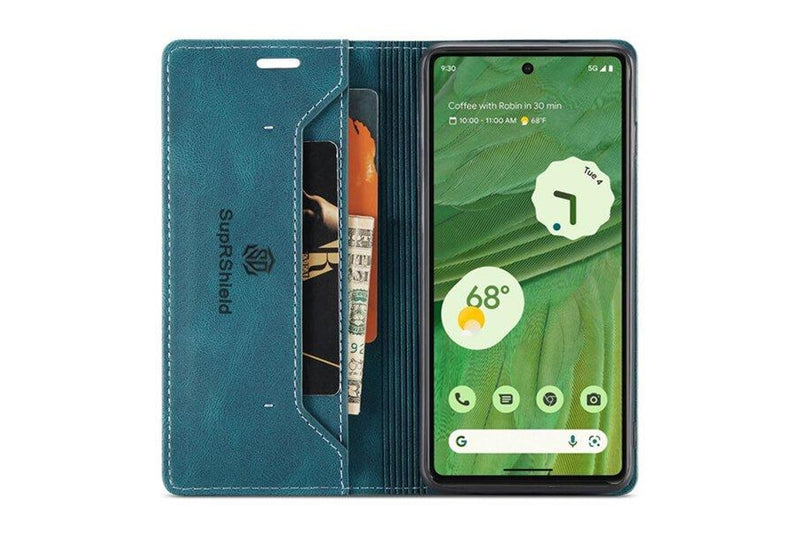 SupRShield For Google Pixel 7 Case RFID Blocking Retro Flip Premium Leather Card Holder Wallet Cover - Cyan Blue