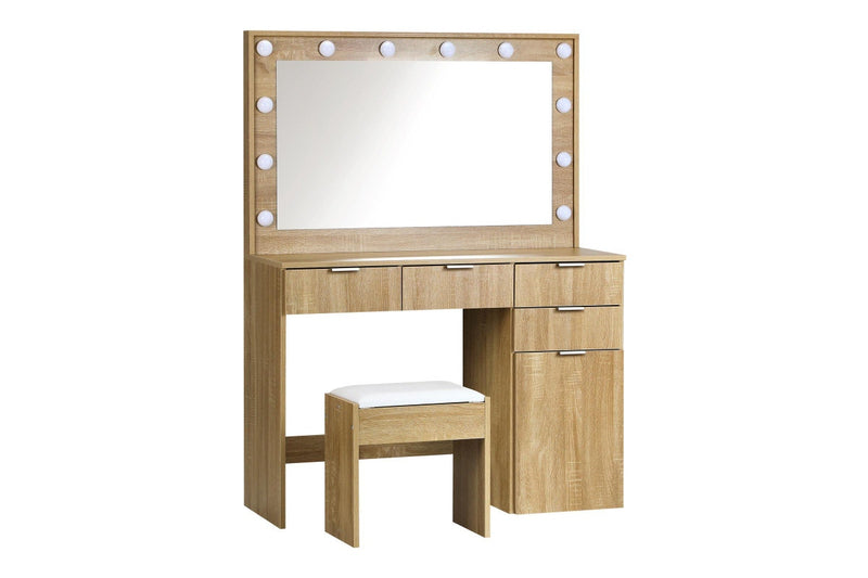 Oikiture Dressing Table Stool Set 12 LED Bulbs(Oak)