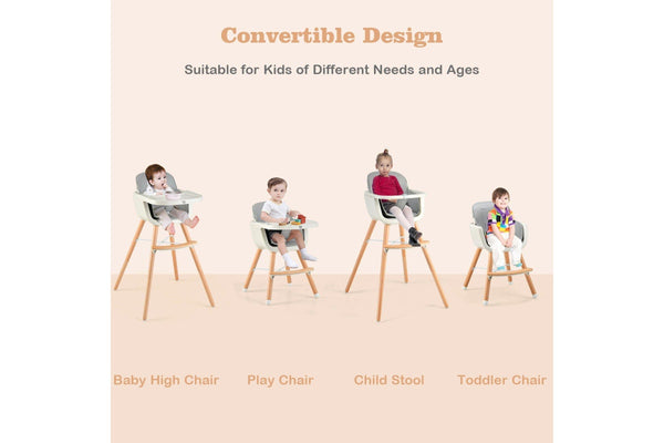 Costway 3-In-1 High Chair Feeding Chair Wood Eating Dining Chair Adjustable Tray & Footrest Grey