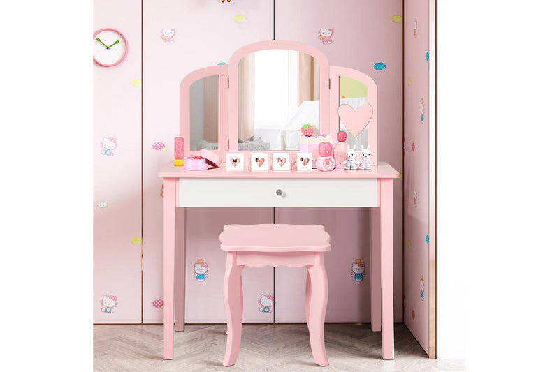 Giantex Kids Makeup Dressing Table Stool Set Mirror Princess Children Birthday Gift,Pink