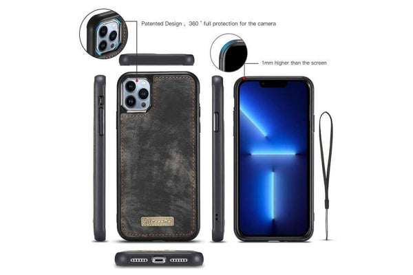 CaseMe For Apple iPhone 13 Pro Zipper & Detachable Retro Leather Pouch Wallet Flip Purse Bag Detachable Phone Case Cover (Black)