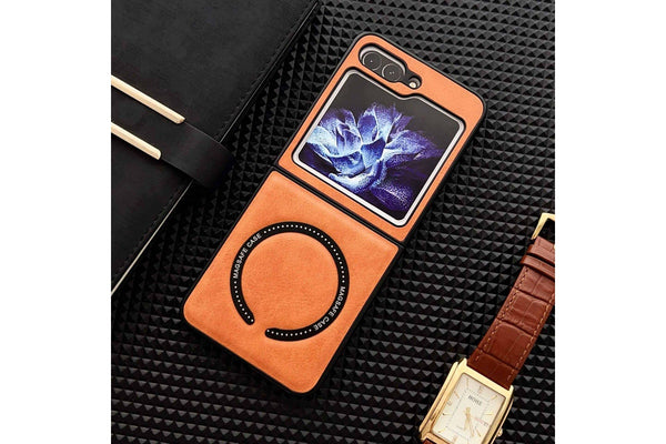 For Samsung Galaxy Z Flip5 Leather Pattern Magnetic MagSafe PU Back Phone Case Protective Cover (Brown)