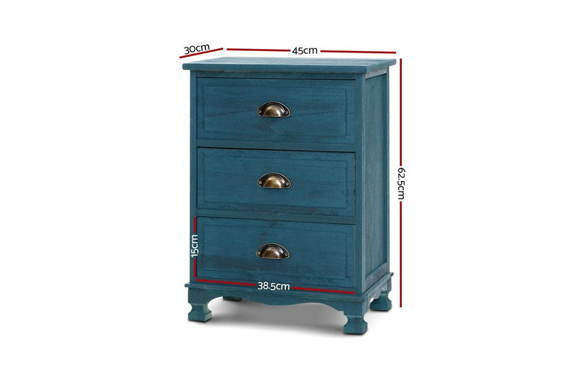 Artiss Bedside Table 3 Drawers Vintage - THYME Blue