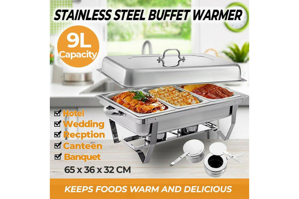 Alston 9L 3x3L Bain Marie Bow Food Buffet Warmer Pan Chafing Dish Stainless Steel Catering Warmer Set with Trays Lid Fuel Holder Party Banquet Dining