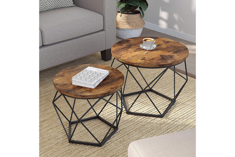 Set of 2 Side Tables Robust Steel Frame, Rustic Brown and Black