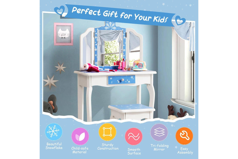 Costway Dressing Table Vanity Table & Stool Set Princess ren Gift Furniture Blue