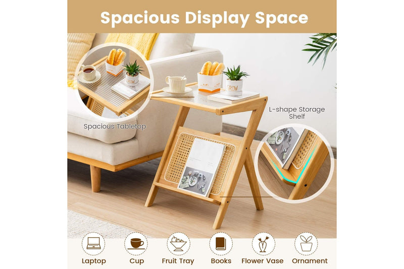 Giantex Boho Bedside Table Bamboo Nightstand Sofa Side Accent Table w/Glass Tabletop & Rattan Rack, Natural