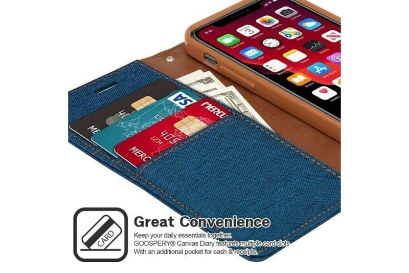 Goospery Canvas Apple iPhone X/XS Wallet Leather Case Denim Stand Flip Fabric Pouch Credit Card Slots Cover - Navy Blue