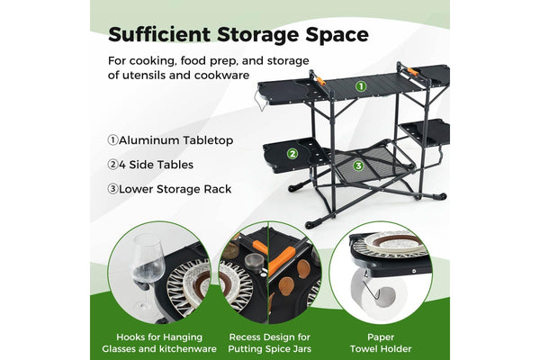 Costway Camping Kitchen Table Outdoor Cook Station Aluminum w/Heat-Resistant Tabletop, 4 Side Tables