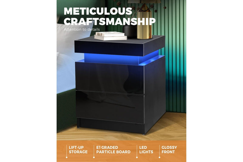 Oikiture Bedside Table RGB LED 2 Drawers Black