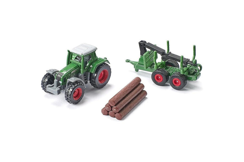 2x Siku 1645 Fendt Tractor w Forestry Trailer Diecast Metal 147mm Kids Toy 3y+