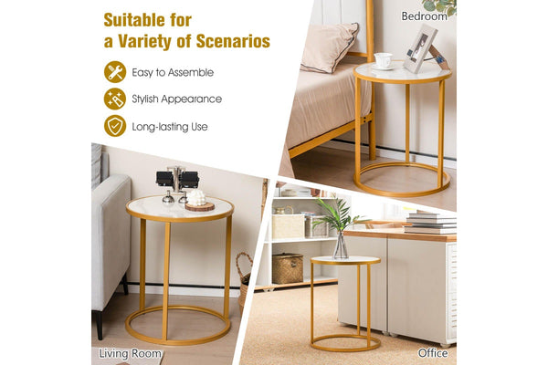 Giantex 50cm Round Side Table Marble Top Bedside Table w/Metal Frame Modern End Table Home Accent Coffee Table