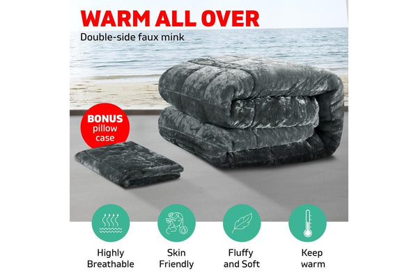 Super King Bedding Faux Mink Quilt Comforter Fleece Throw Blanket Charcoal