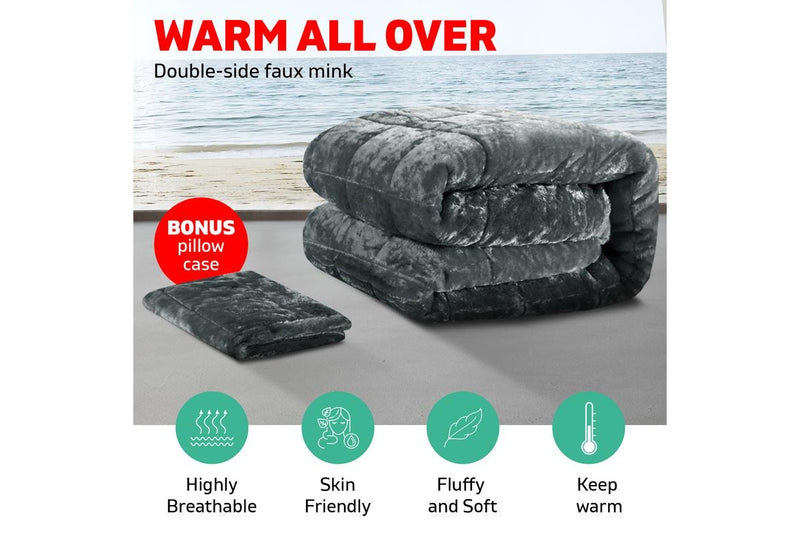 Super King Bedding Faux Mink Quilt Comforter Fleece Throw Blanket Charcoal