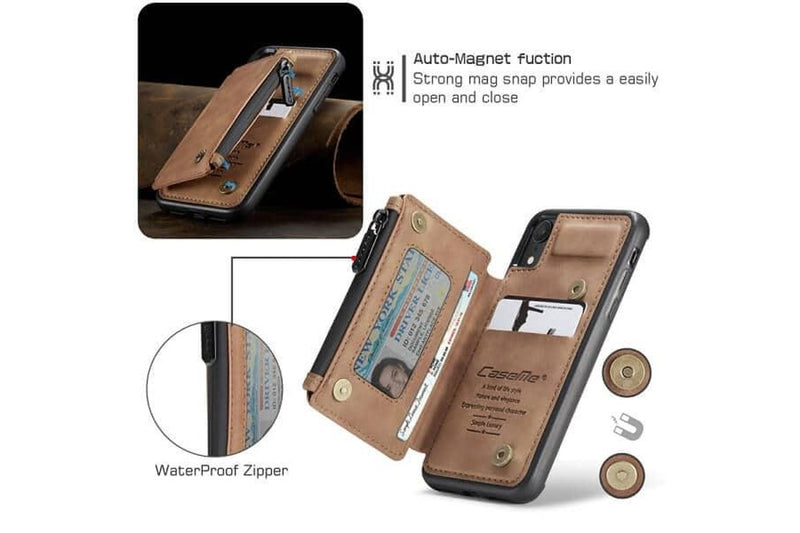 For Apple iPhone XR CaseMe Back Zipper Wallet Case W/ 3 Card Slots, RFID Blocking, 1 Money Pocket, Credit Card Holder Leather Cover (Brown)