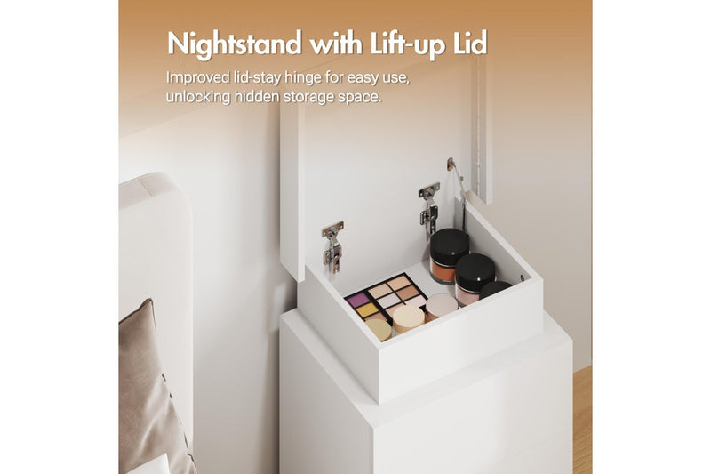 Advwin Set of 2 Bedside Table LED RGB 2 Drawers With Lift Up Storage Nightstand White