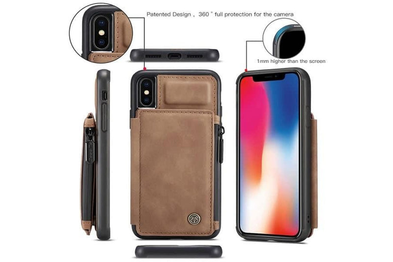 For Apple iPhone X / XS CaseMe Back Zipper Wallet Case W/ 3 Card Slots, RFID Blocking, 1 Money Pocket, Credit Card Holder Leather Cover (Brown)