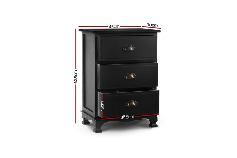 Artiss Bedside Table 3 Drawers Vintage - THYME Black