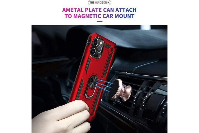 For Apple iPhone 12 Pro Case, Military Grade 360 Degree Rotating Metal Magnetic Ring Car Mount Holder Kickstand Shockproof Heavy Duty Cover (Red)