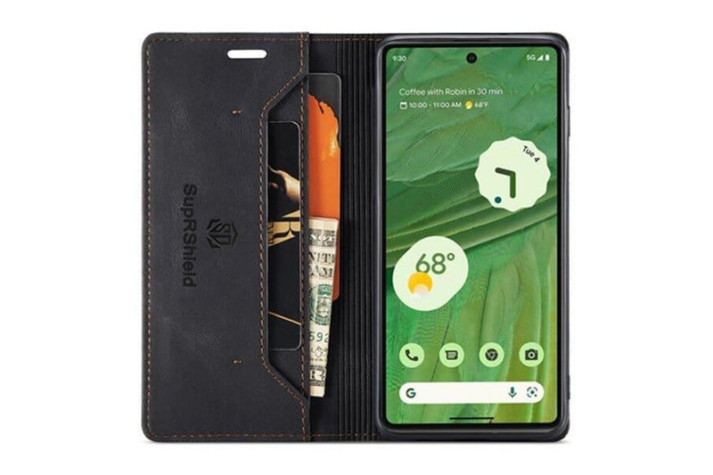 SupRShield For Google Pixel 7 Case RFID Blocking Retro Flip Premium Leather Card Holder Wallet Cover - Black