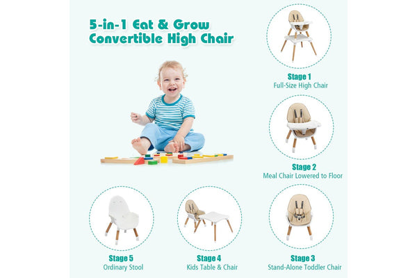Giantex 5-in-1 Convertible Baby High Chair Toddler Booster Seat Kids Table & Chair Set w/Removable Tray,Khaki