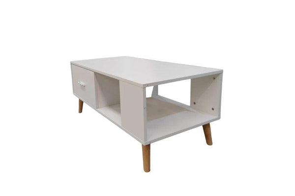 White Coffee Table Storage Drawer & Open Shelf With Wooden Legs Coffee Tables