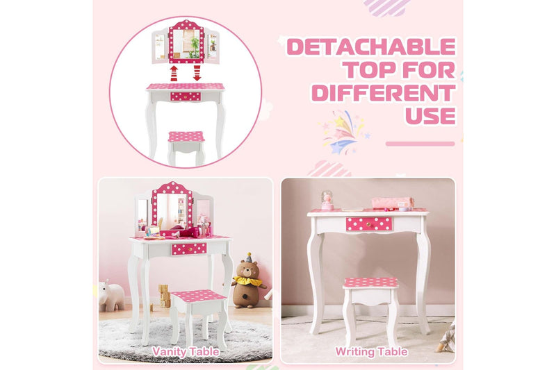 Costway Vanity Table & Chair Set Dressing Table Pretend Play Makeup Table Furniture Pink
