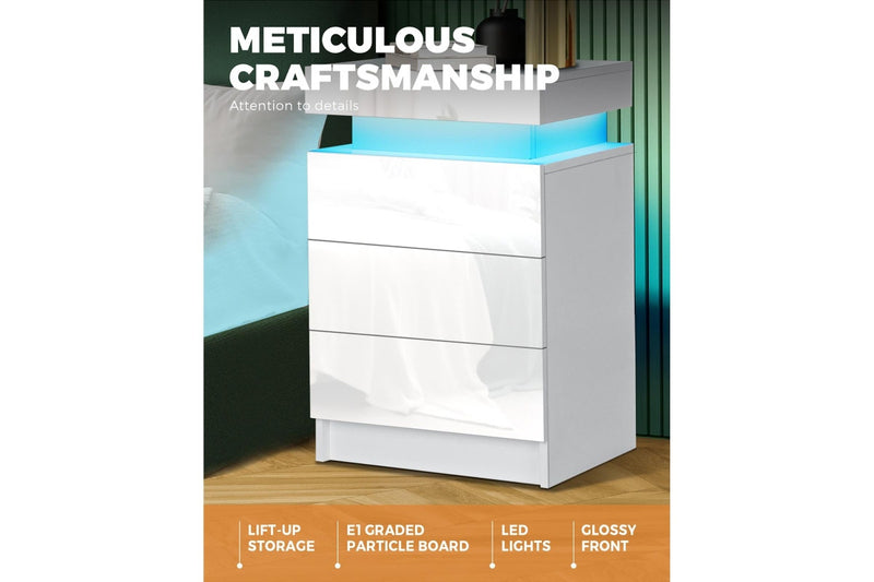 Oikiture Bedside Table 3 Drawers RGB LED White