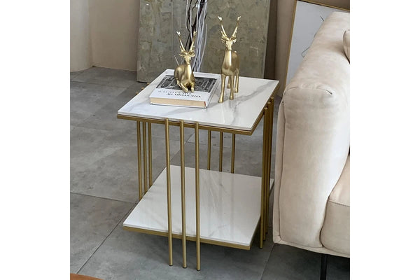 2 Tier Square Bedside table, Marble (Gold)