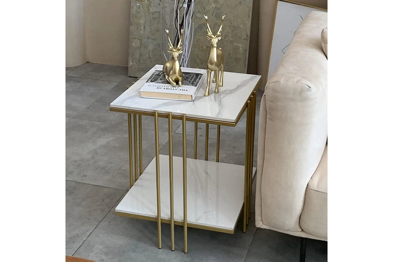2 Tier Square Bedside table, Marble (Gold)