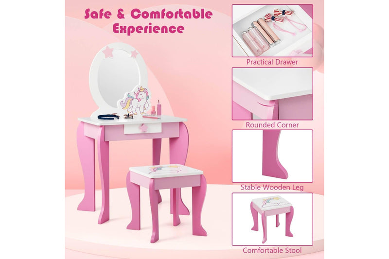 Costway Wooden Vanity Table Set Vanity Princess Makeup Dressing Table Set w/Mirror Pink